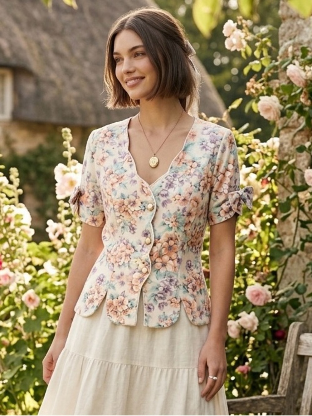 Vintage 90s Madison Wells Pastel Floral Short Sleeve Blazer Bows Scalloped